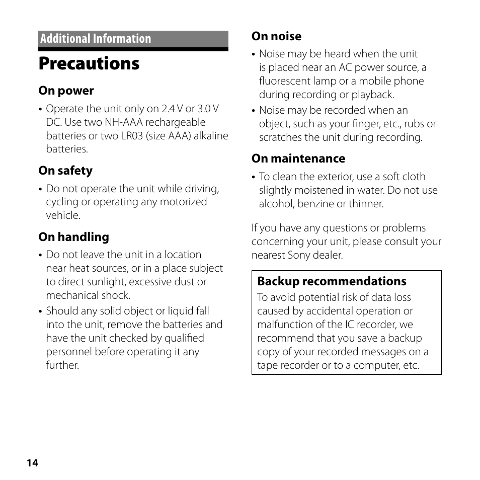 Additional information, Precautions, On power | On safety, On handling, On noise, On maintenance, Backup recommendations | Sony ICD-SX700 User Manual | Page 14 / 56