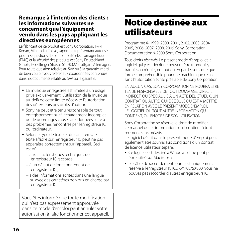 Notice destinée aux utilisateurs | Sony ICD-SX700 User Manual | Page 16 / 56