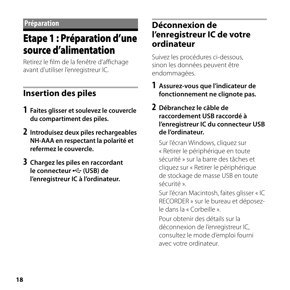 Préparation, Etape 1 : préparation d’une source d’alimentation, Etape 1 : préparation d’une source | D’alimentation, Insertion des piles | Sony ICD-SX700 User Manual | Page 18 / 56