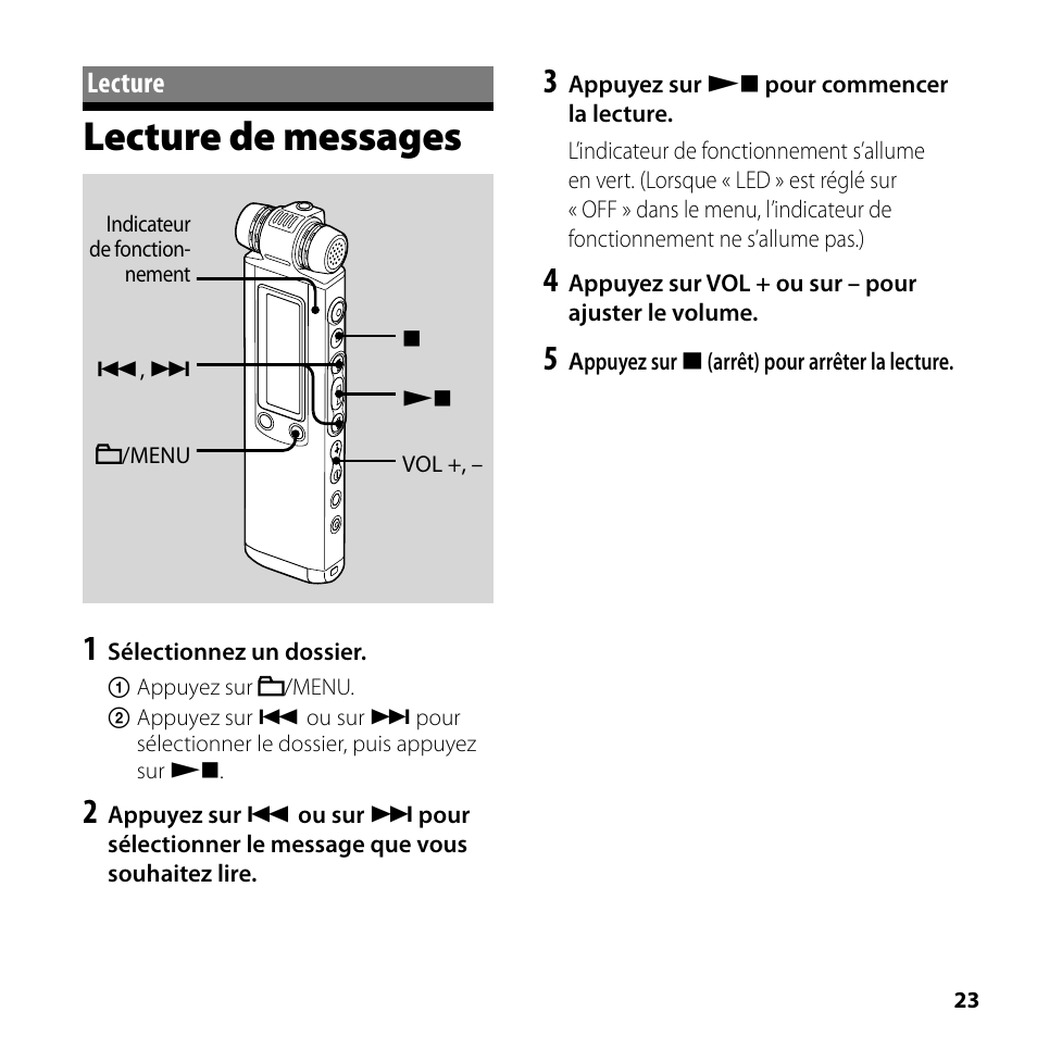 Lecture, Lecture de messages | Sony ICD-SX700 User Manual | Page 23 / 56