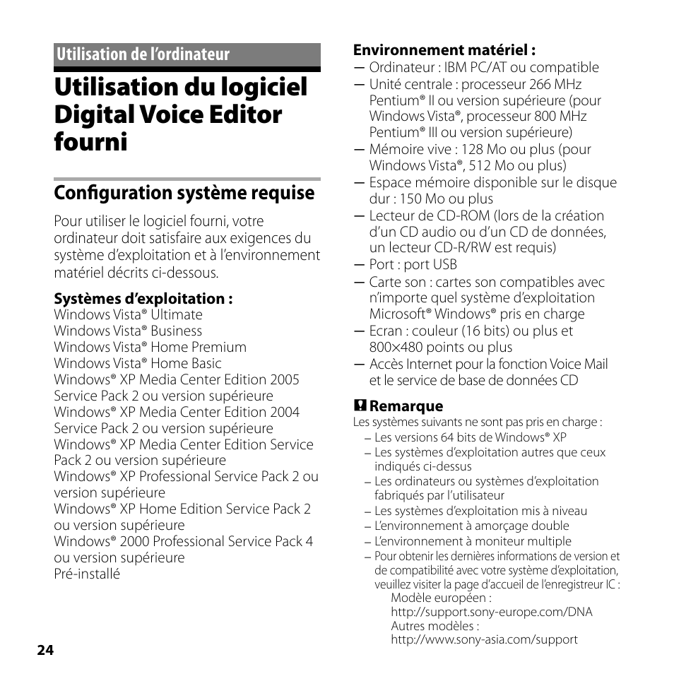 Utilisation de l’ordinateur, Utilisation du logiciel digital voice, Editor fourni | Configuration système requise | Sony ICD-SX700 User Manual | Page 24 / 56