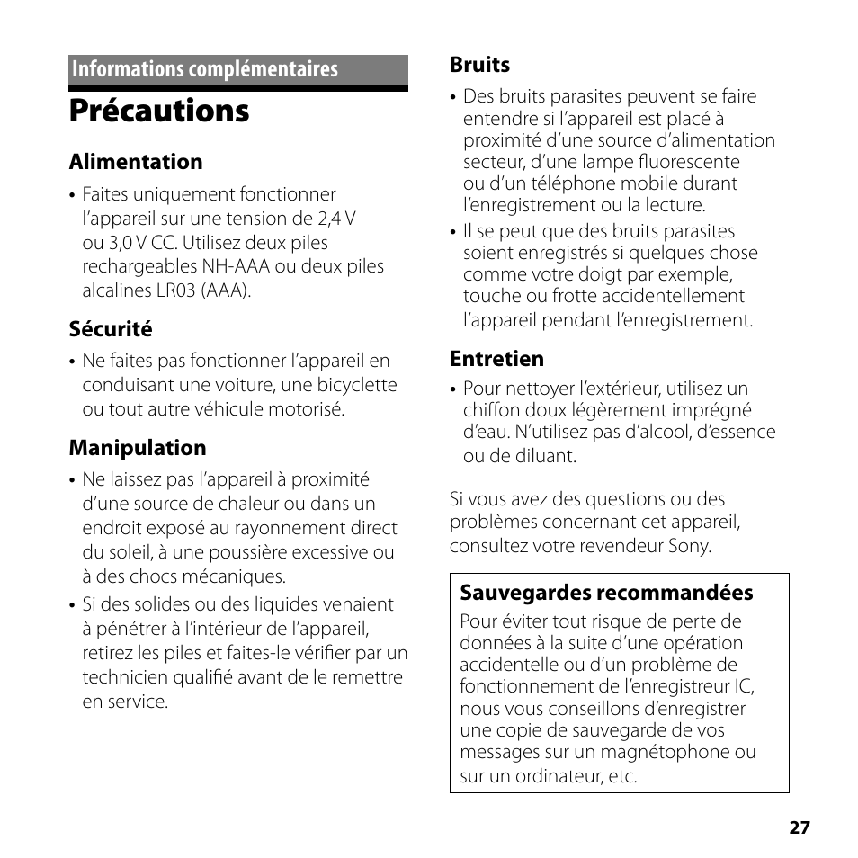 Informations complémentaires, Précautions, Informations | Complémentaires, Alimentation, Sécurité, Manipulation, Bruits, Entretien, Sauvegardes recommandées | Sony ICD-SX700 User Manual | Page 27 / 56