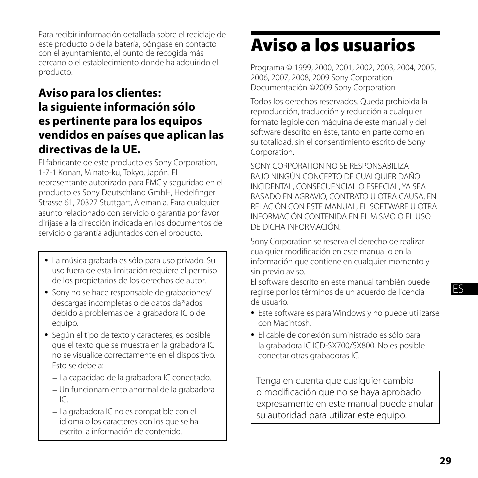 Aviso a los usuarios | Sony ICD-SX700 User Manual | Page 29 / 56