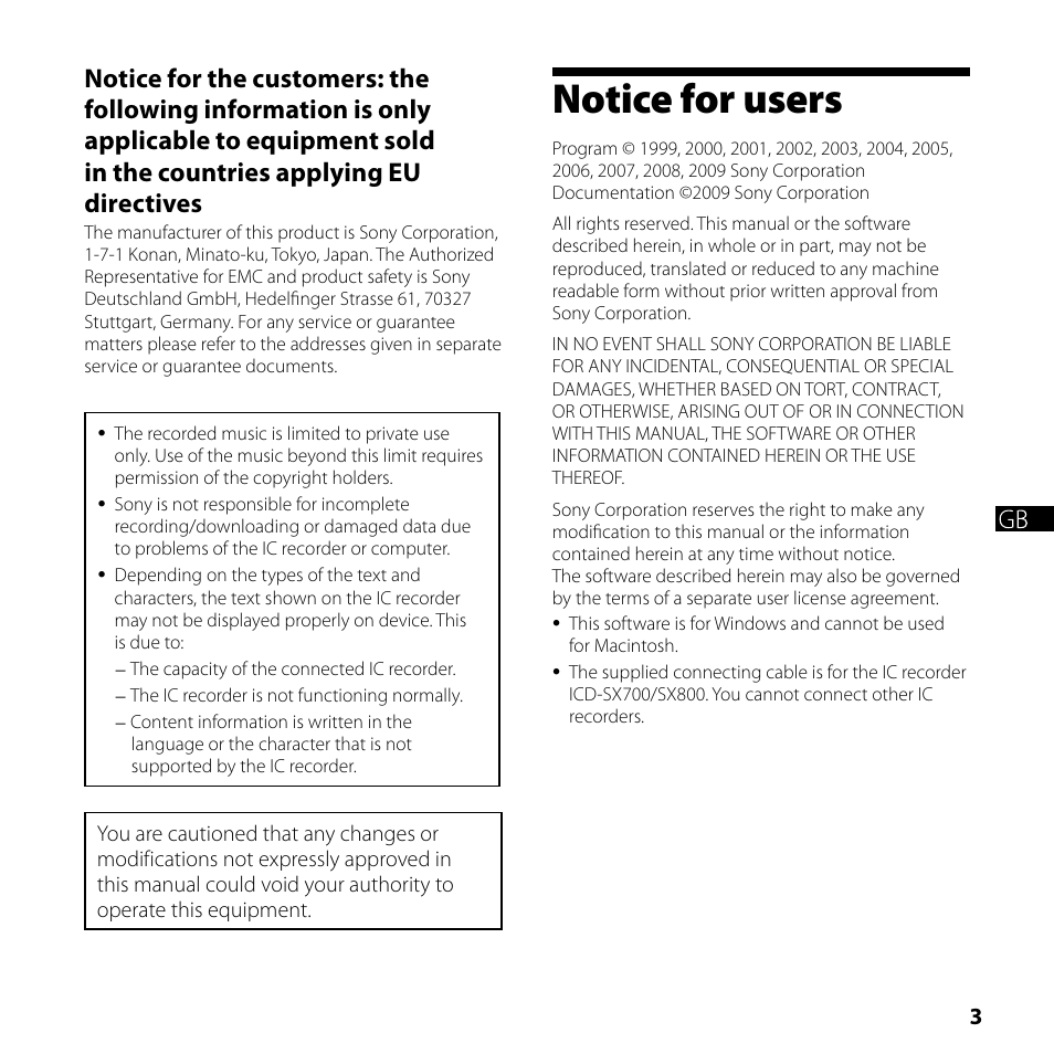 Notice for users | Sony ICD-SX700 User Manual | Page 3 / 56