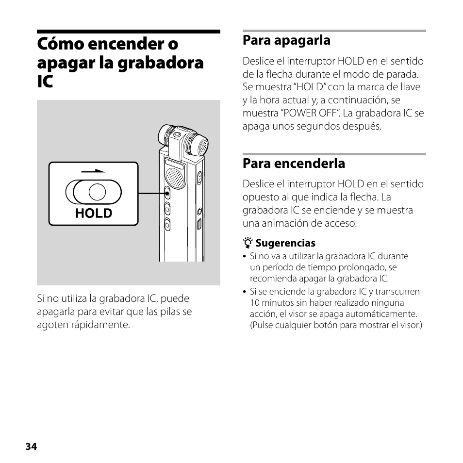 Cómo encender o apagar la grabadora ic, Cómo encender o apagar la, Grabadora ic | Para apagarla, Para encenderla | Sony ICD-SX700 User Manual | Page 34 / 56