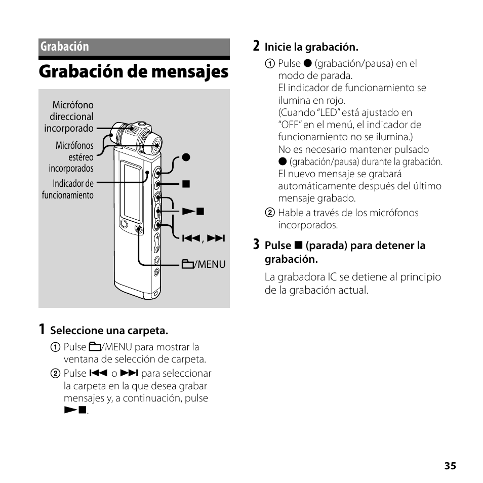 Grabación, Grabación de mensajes | Sony ICD-SX700 User Manual | Page 35 / 56