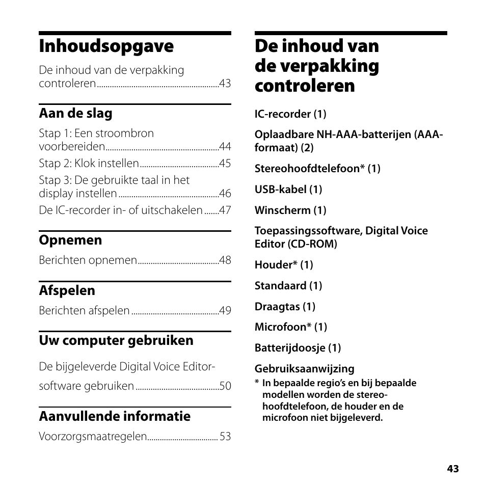 Inhoudsopgave, De inhoud van de verpakking controleren | Sony ICD-SX700 User Manual | Page 43 / 56