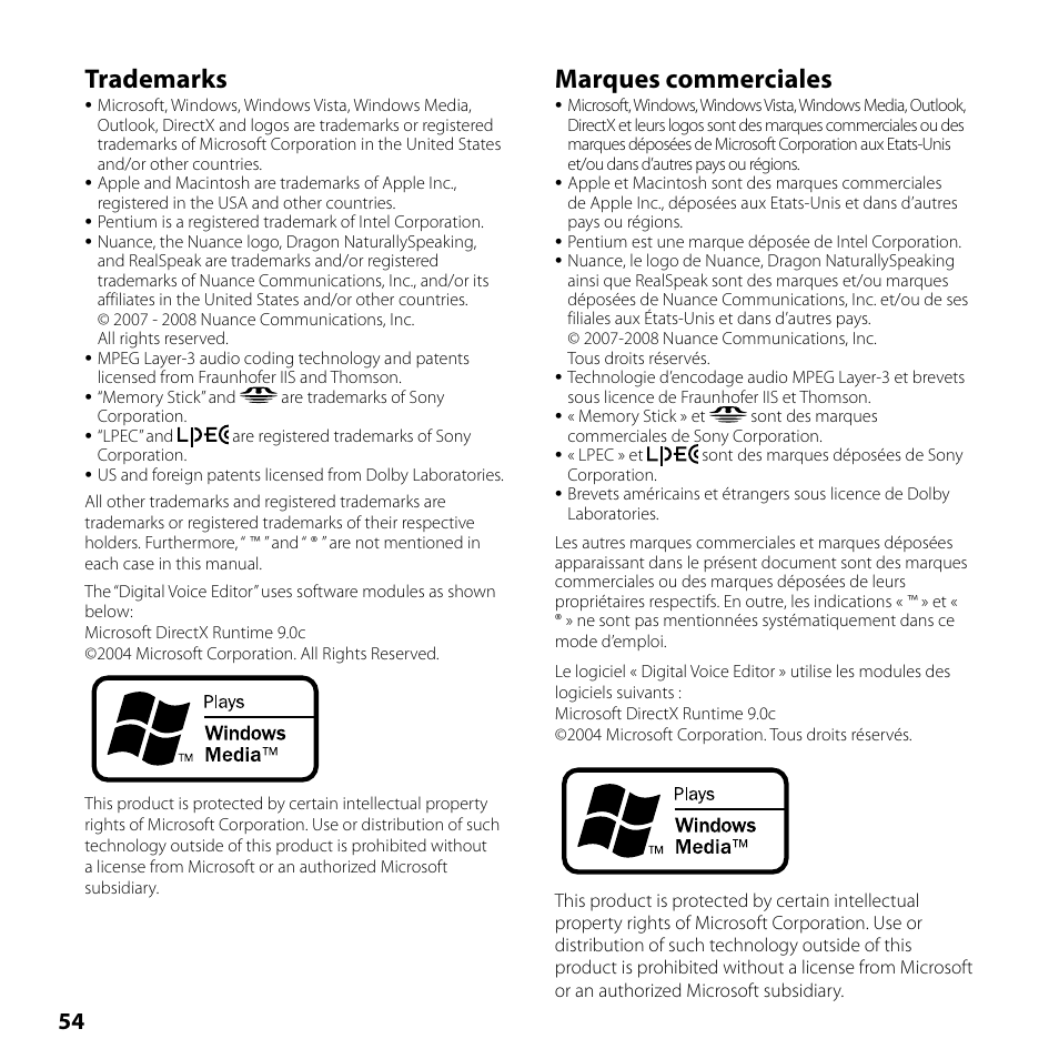 Marques commerciales, Trademarks | Sony ICD-SX700 User Manual | Page 54 / 56