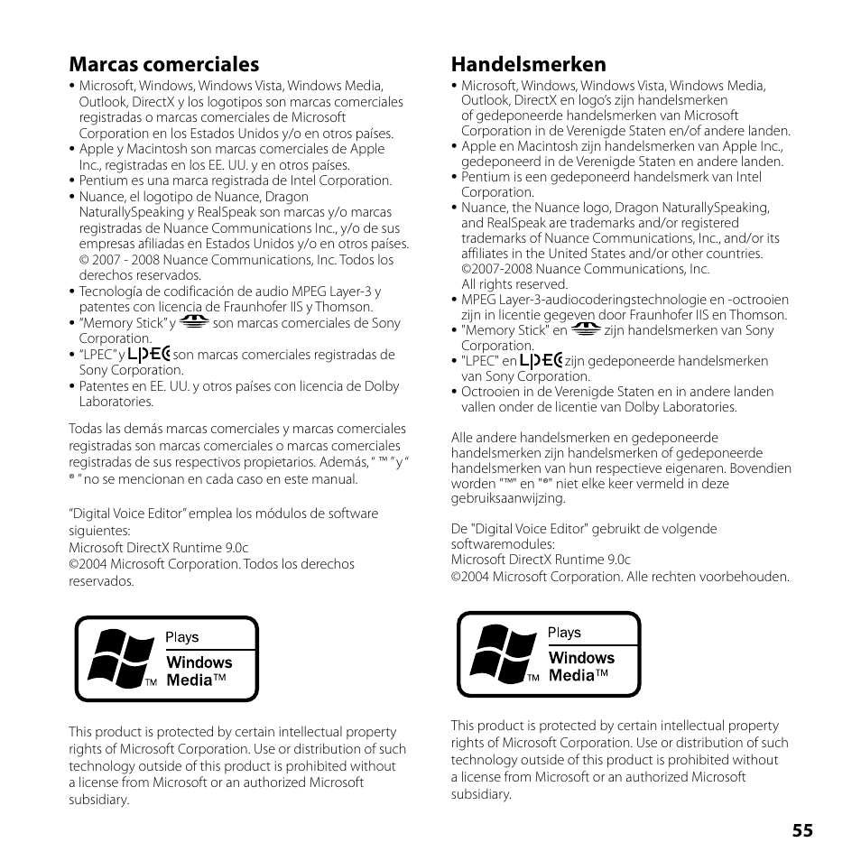 Marcas comerciales, Handelsmerken | Sony ICD-SX700 User Manual | Page 55 / 56