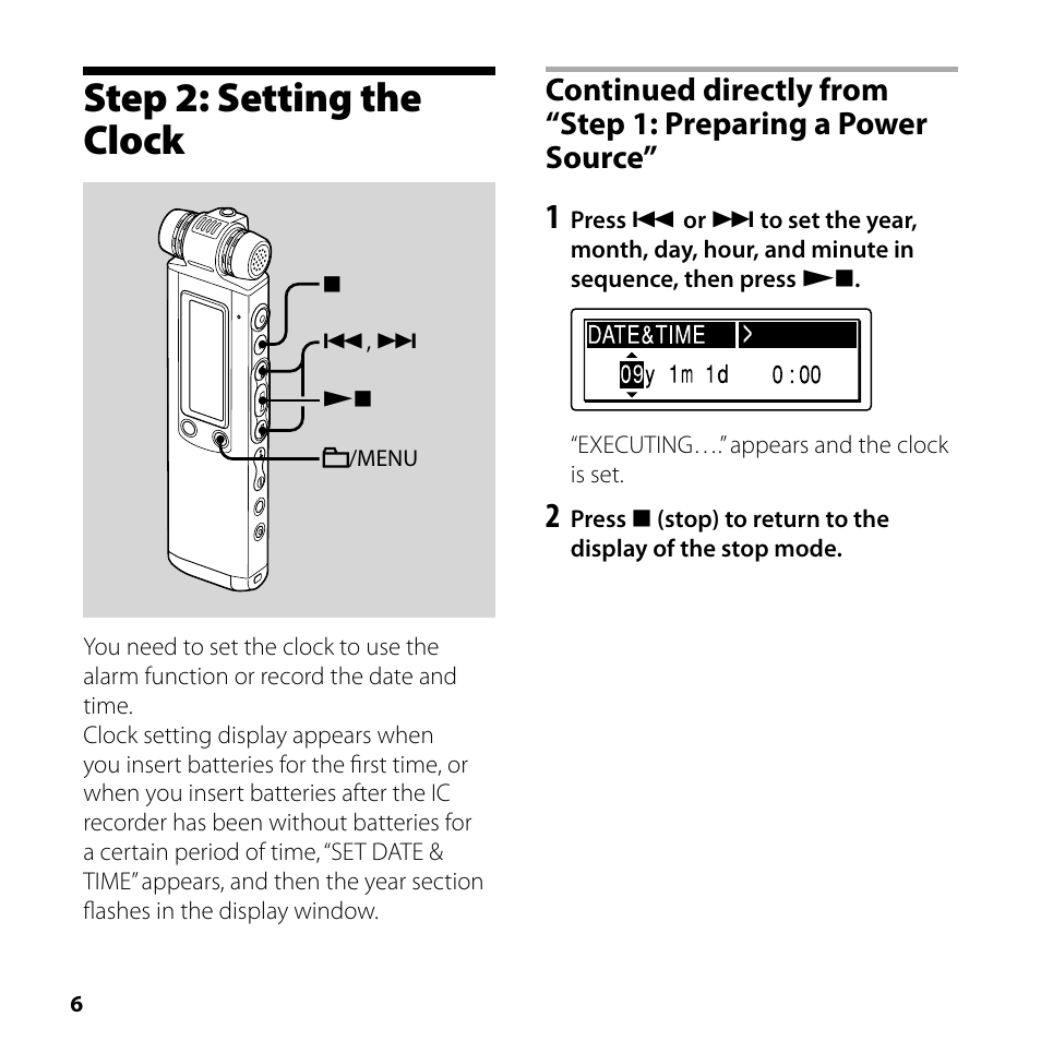 Step 2: setting the clock | Sony ICD-SX700 User Manual | Page 6 / 56