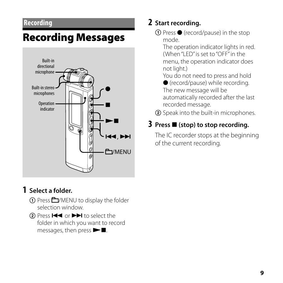 Recording, Recording messages | Sony ICD-SX700 User Manual | Page 9 / 56