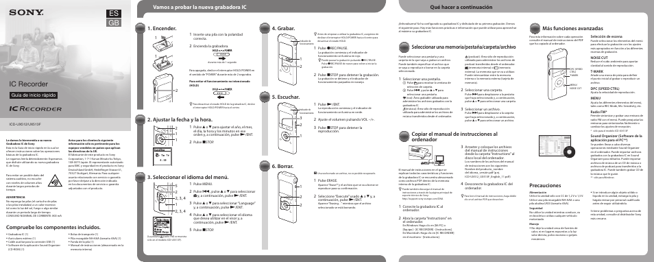 Es gb, Ic recorder, Vamos a probar la nueva grabadora ic 1. encender | Ajustar la fecha y la hora, Seleccionar el idioma del menú, Grabar, Escuchar, Borrar, Copiar el manual de instrucciones al ordenador, Precauciones | Sony ICD-UX513F User Manual | Page 2 / 2