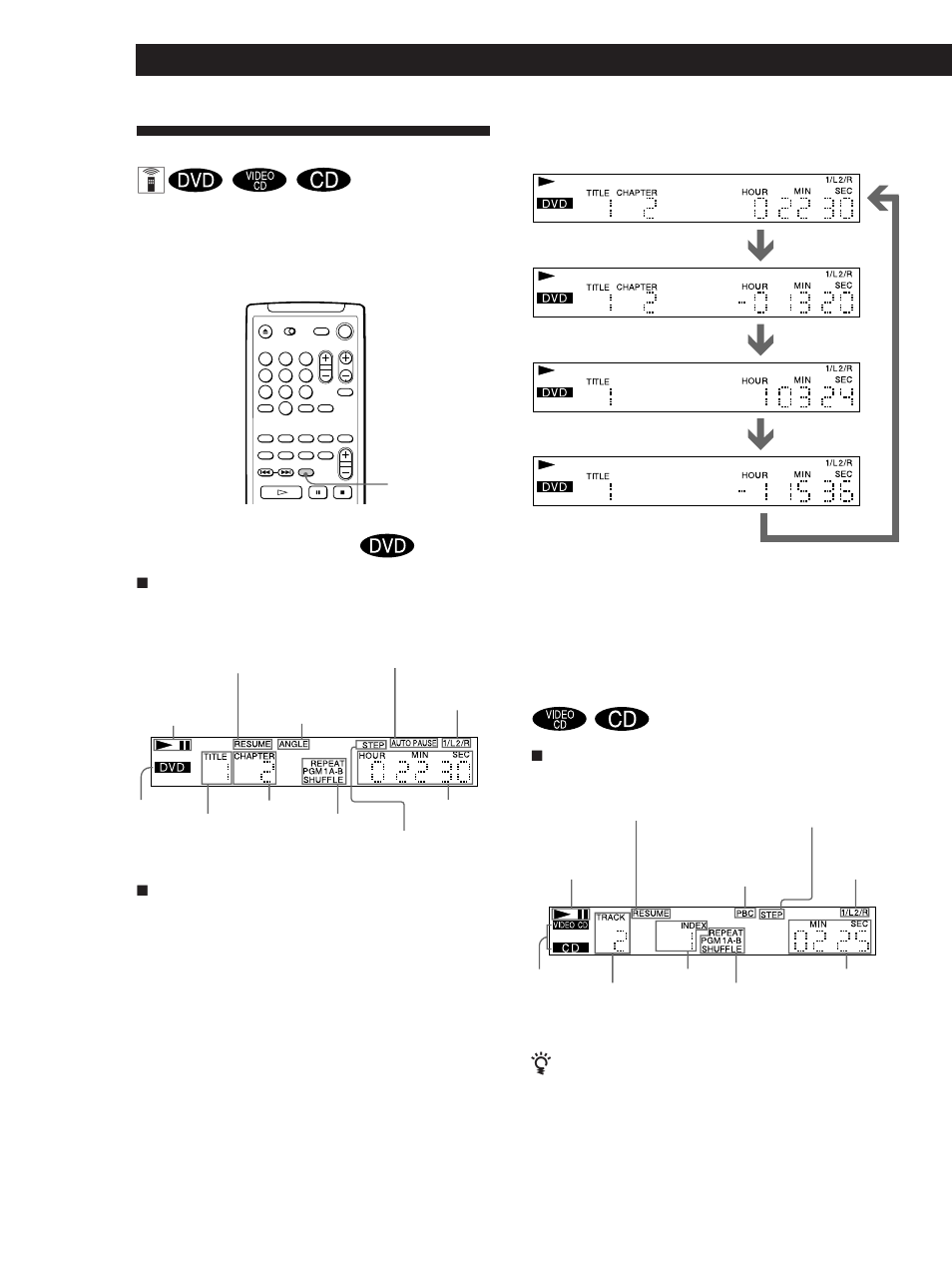 Uso del visor del panel frontal z, Reproducción de discos en varios modos, Al reproducir un cd/video cd | Al reproducir un disco dvd | Sony DVP-S500D User Manual | Page 72 / 108