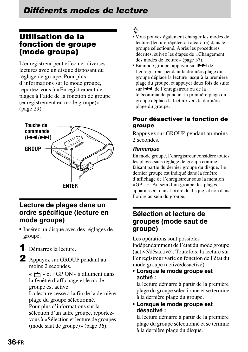 Différents modes de lecture, Utilisation de la fonction de groupe (mode groupe), Mode groupe) | Sony MZ-S1 User Manual | Page 104 / 208