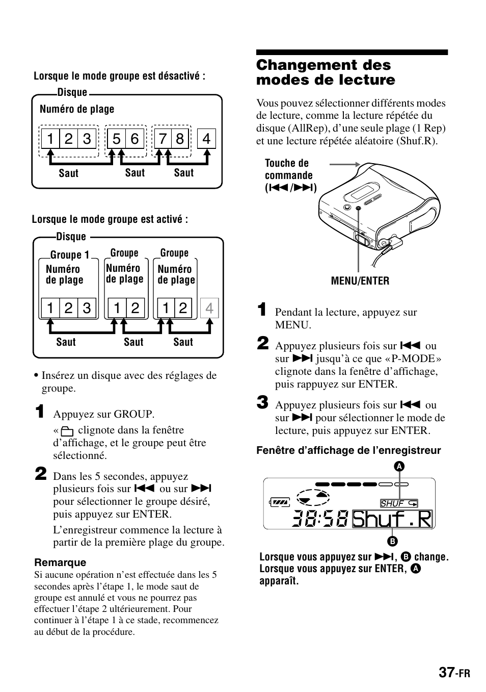 Changement des modes de lecture, Shuf.r | Sony MZ-S1 User Manual | Page 105 / 208