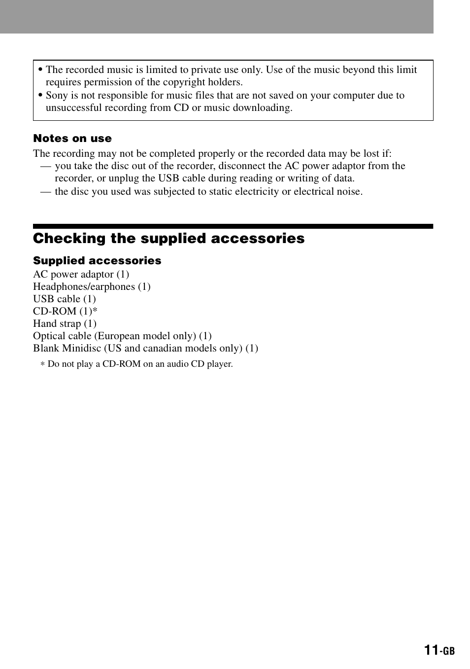 Checking the supplied accessories | Sony MZ-S1 User Manual | Page 11 / 208