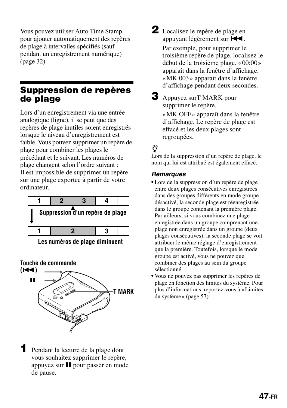 Suppression de repères de plage | Sony MZ-S1 User Manual | Page 115 / 208