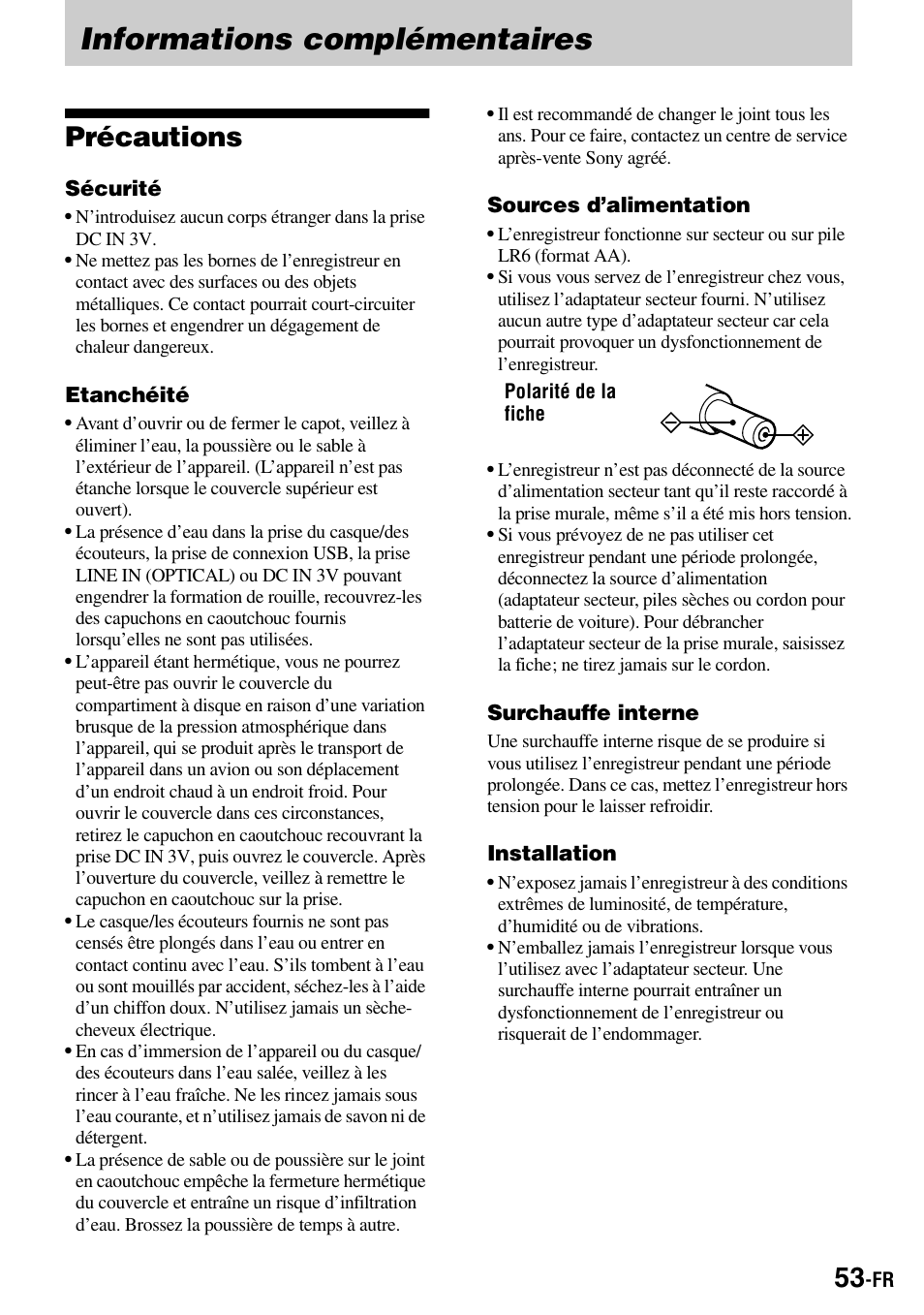 Informations complémentaires, Précautions | Sony MZ-S1 User Manual | Page 121 / 208