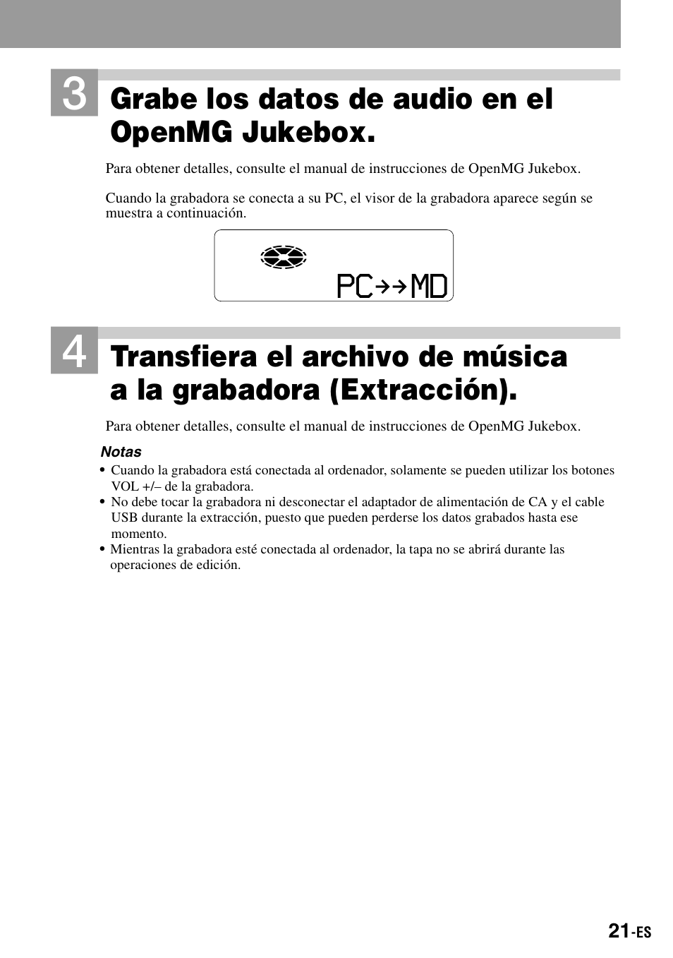 Pc md, Grabe los datos de audio en el openmg jukebox | Sony MZ-S1 User Manual | Page 161 / 208