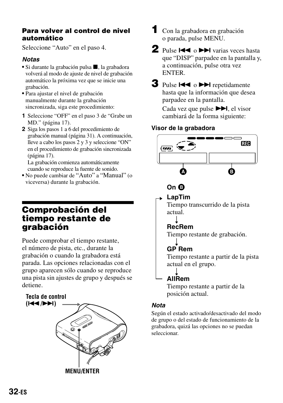 Comprobación del tiempo restante de grabación | Sony MZ-S1 User Manual | Page 172 / 208