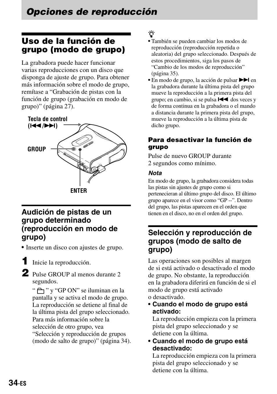 Opciones de reproducción, Uso de la función de grupo (modo de grupo), En modo de grupo) | Sony MZ-S1 User Manual | Page 174 / 208