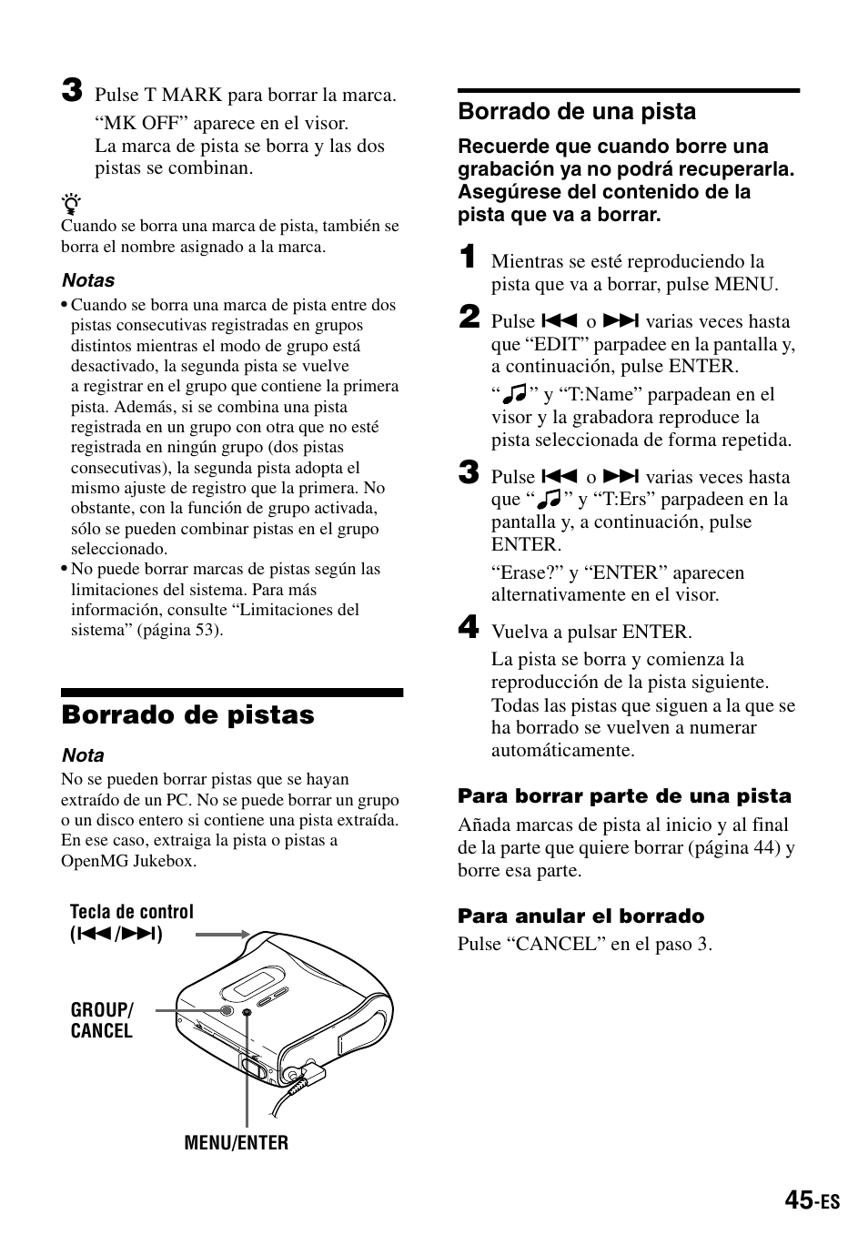 Borrado de pistas, Borrado de una pista | Sony MZ-S1 User Manual | Page 185 / 208