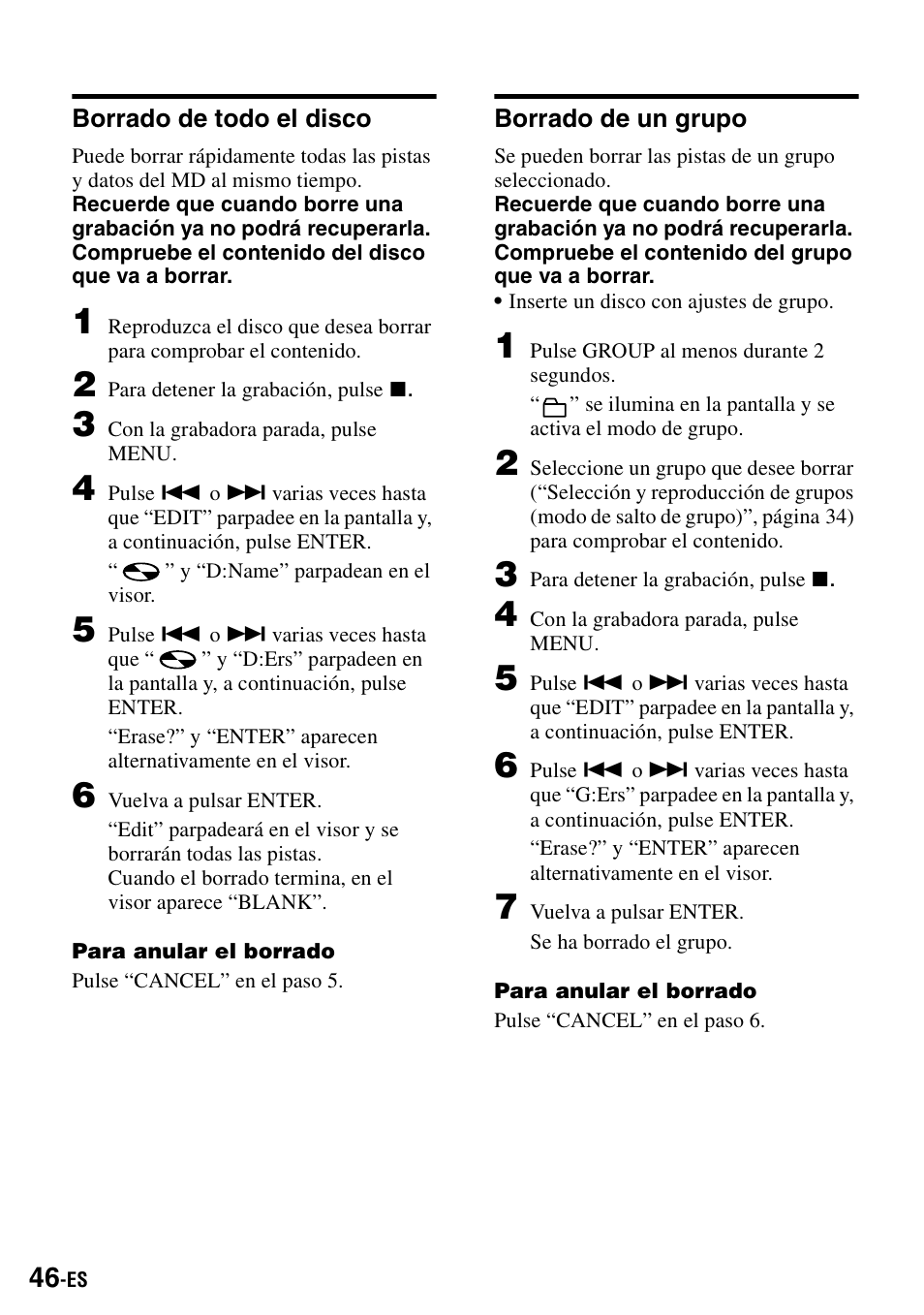 Borrado de todo el disco, Borrado de un grupo, Borrado de todo el disco borrado de un grupo | Sony MZ-S1 User Manual | Page 186 / 208