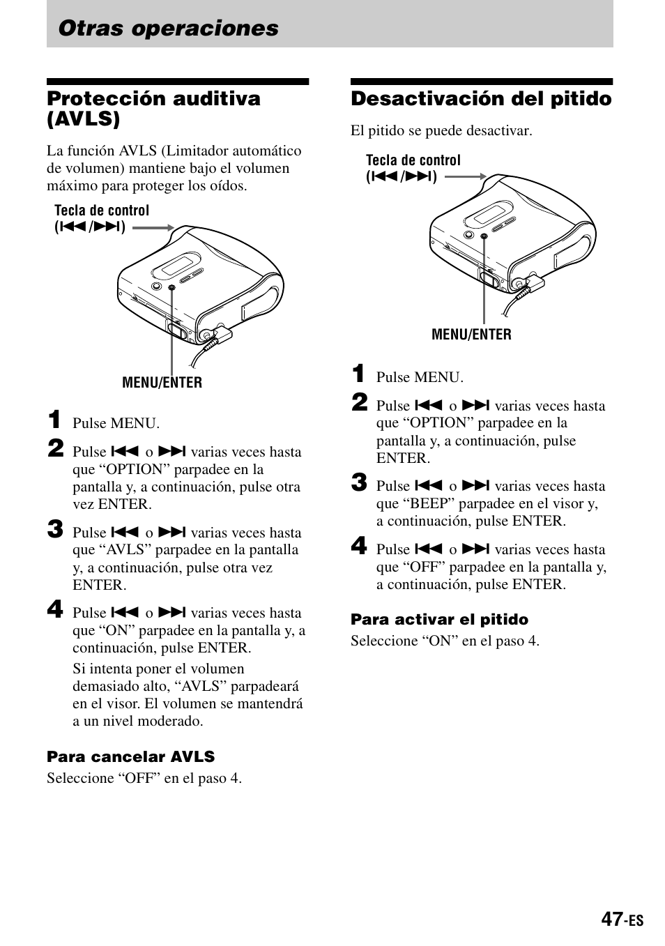 Otras operaciones, Protección auditiva (avls), Desactivación del pitido | Sony MZ-S1 User Manual | Page 187 / 208