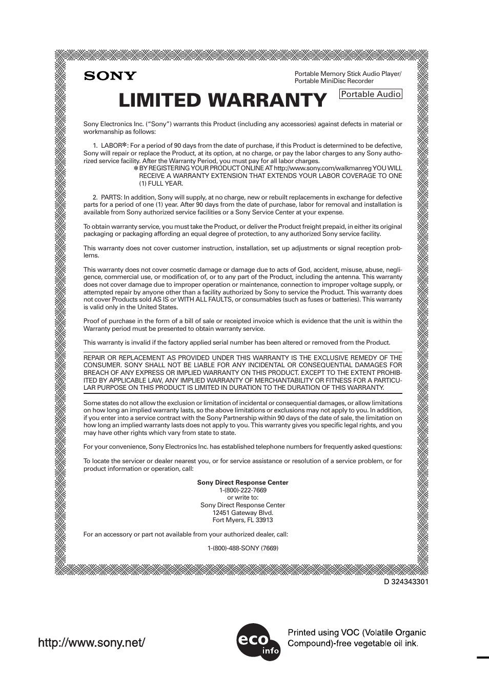 Limited warranty, This warranty is valid only in the united states, Printed in malaysia | Sony MZ-S1 User Manual | Page 208 / 208