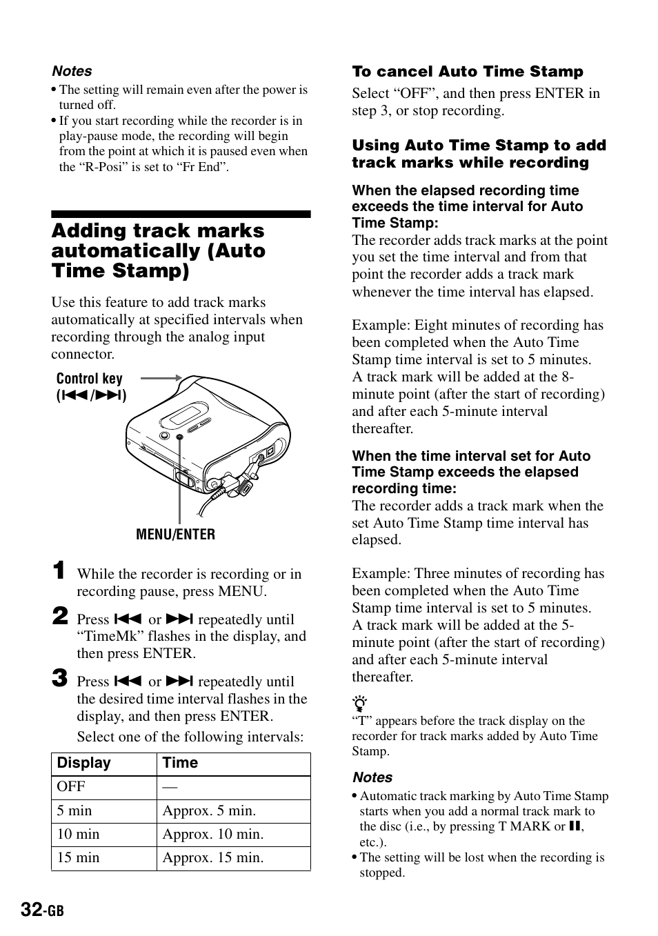 Adding track marks automatically (auto time stamp) | Sony MZ-S1 User Manual | Page 32 / 208