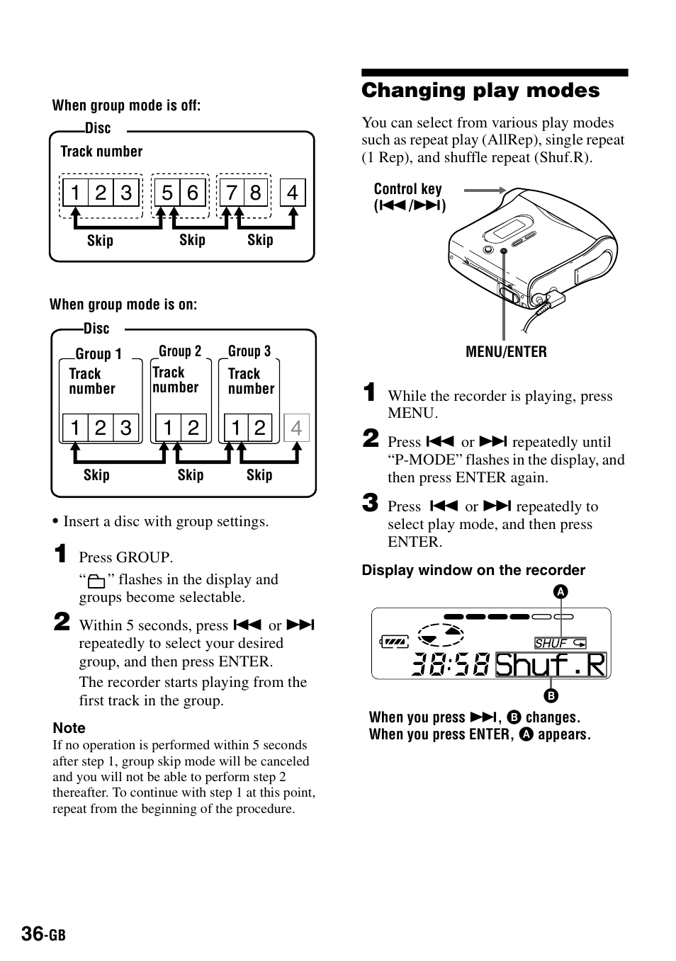 Changing play modes, Shuf.r | Sony MZ-S1 User Manual | Page 36 / 208