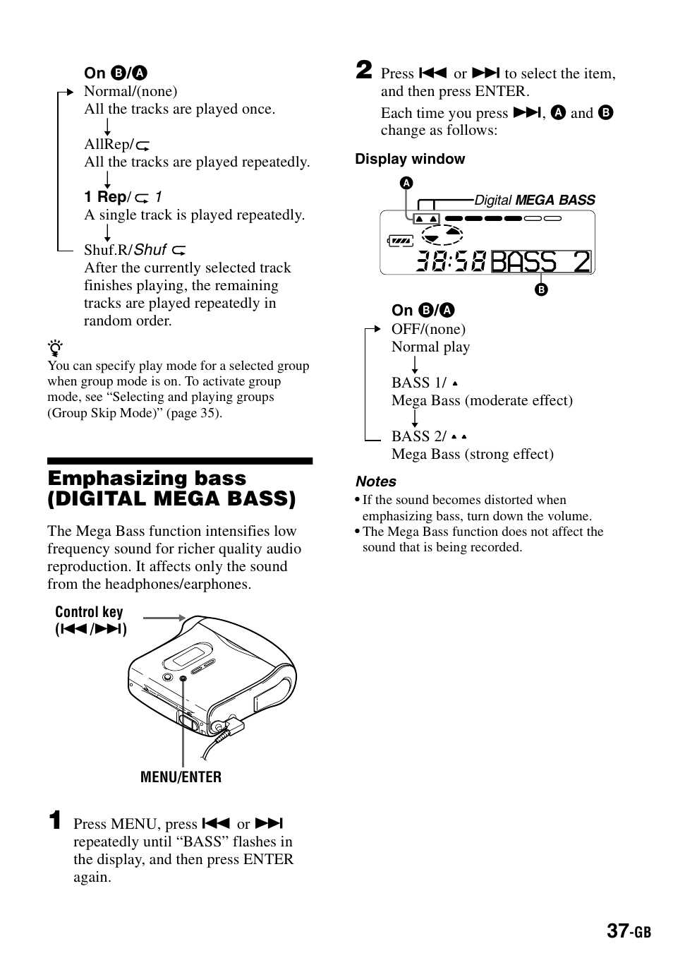 Emphasizing bass (digital mega bass), Bass 2 | Sony MZ-S1 User Manual | Page 37 / 208