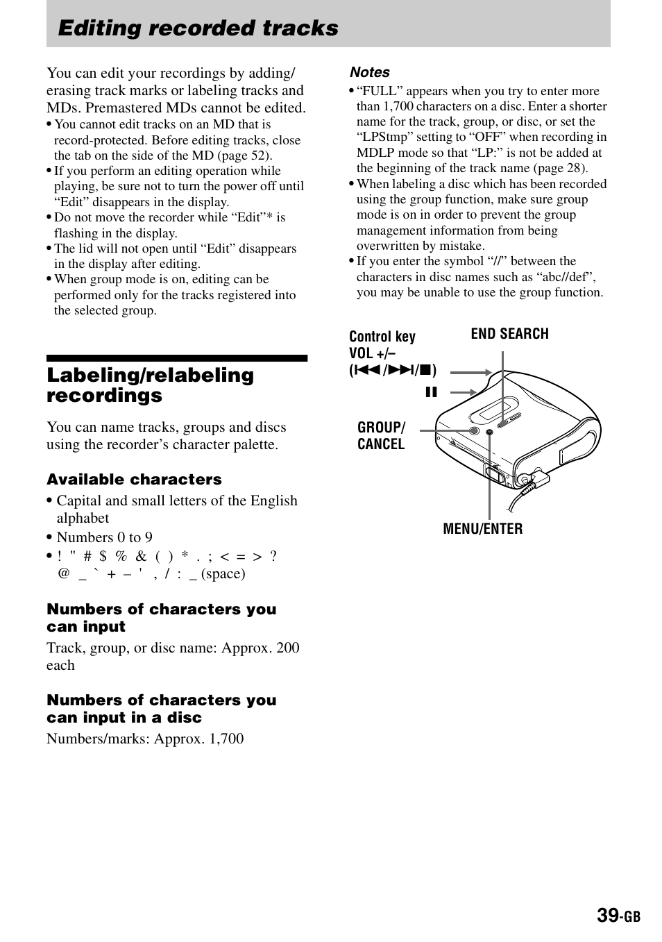 Editing recorded tracks, Labeling/relabeling recordings | Sony MZ-S1 User Manual | Page 39 / 208