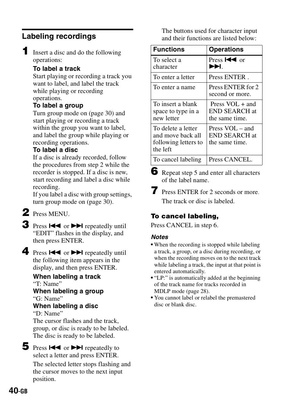 Labeling recordings | Sony MZ-S1 User Manual | Page 40 / 208