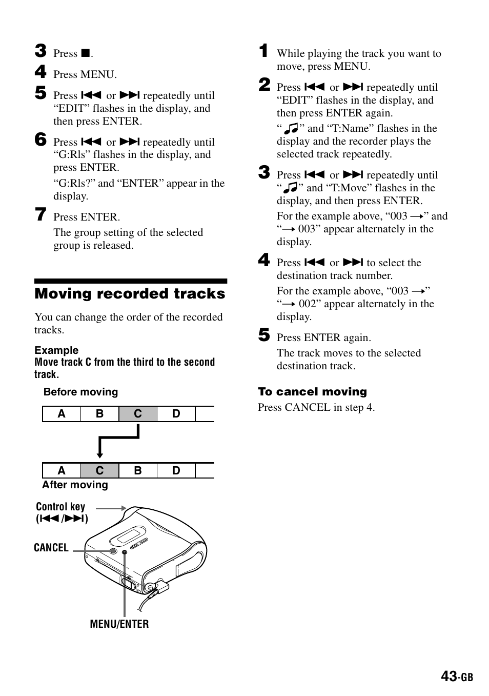 Moving recorded tracks | Sony MZ-S1 User Manual | Page 43 / 208