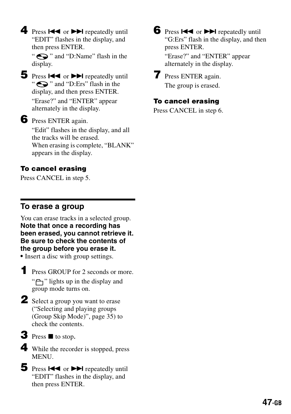 To erase a group | Sony MZ-S1 User Manual | Page 47 / 208