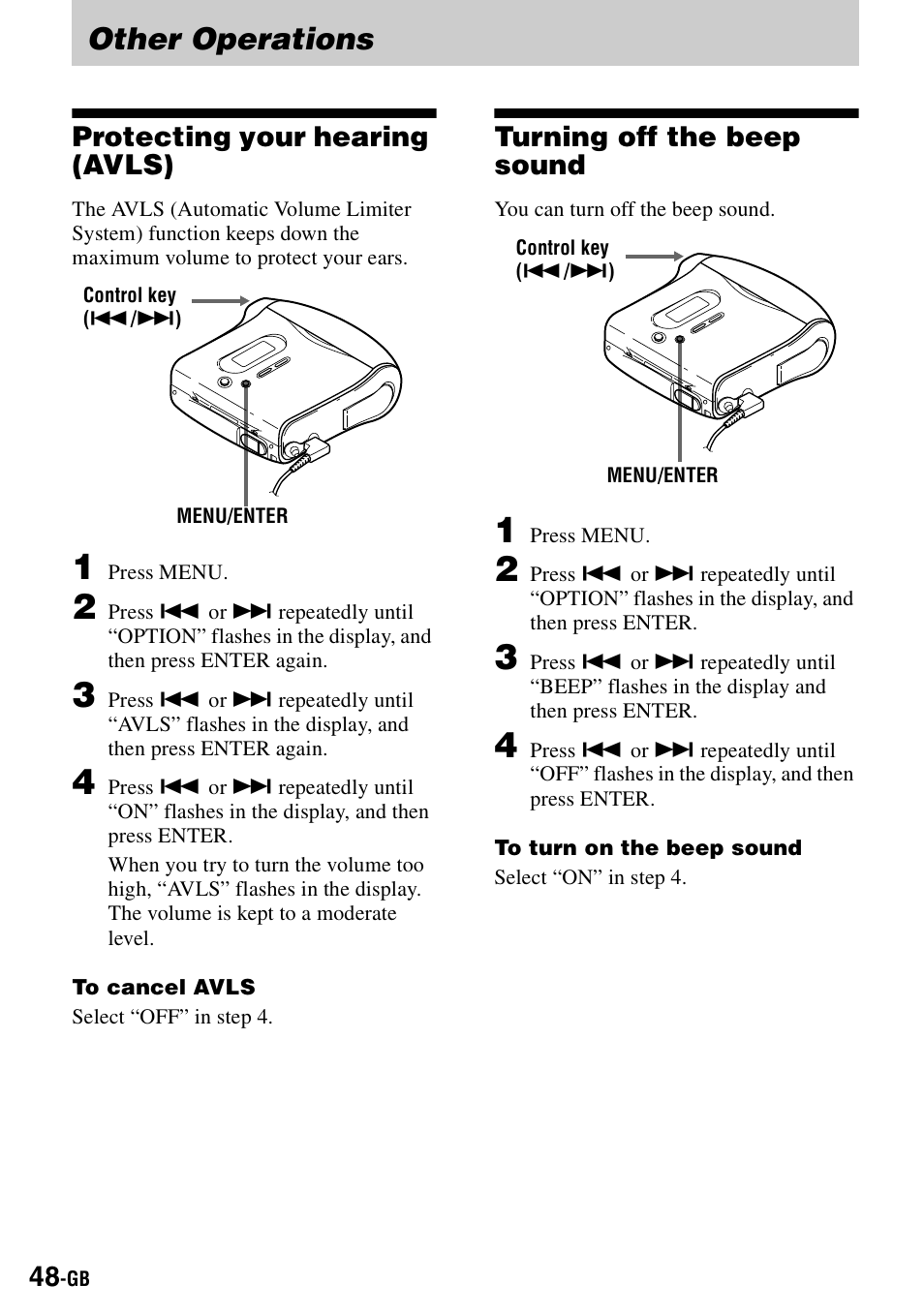 Other operations, Protecting your hearing (avls), Turning off the beep sound | Sony MZ-S1 User Manual | Page 48 / 208