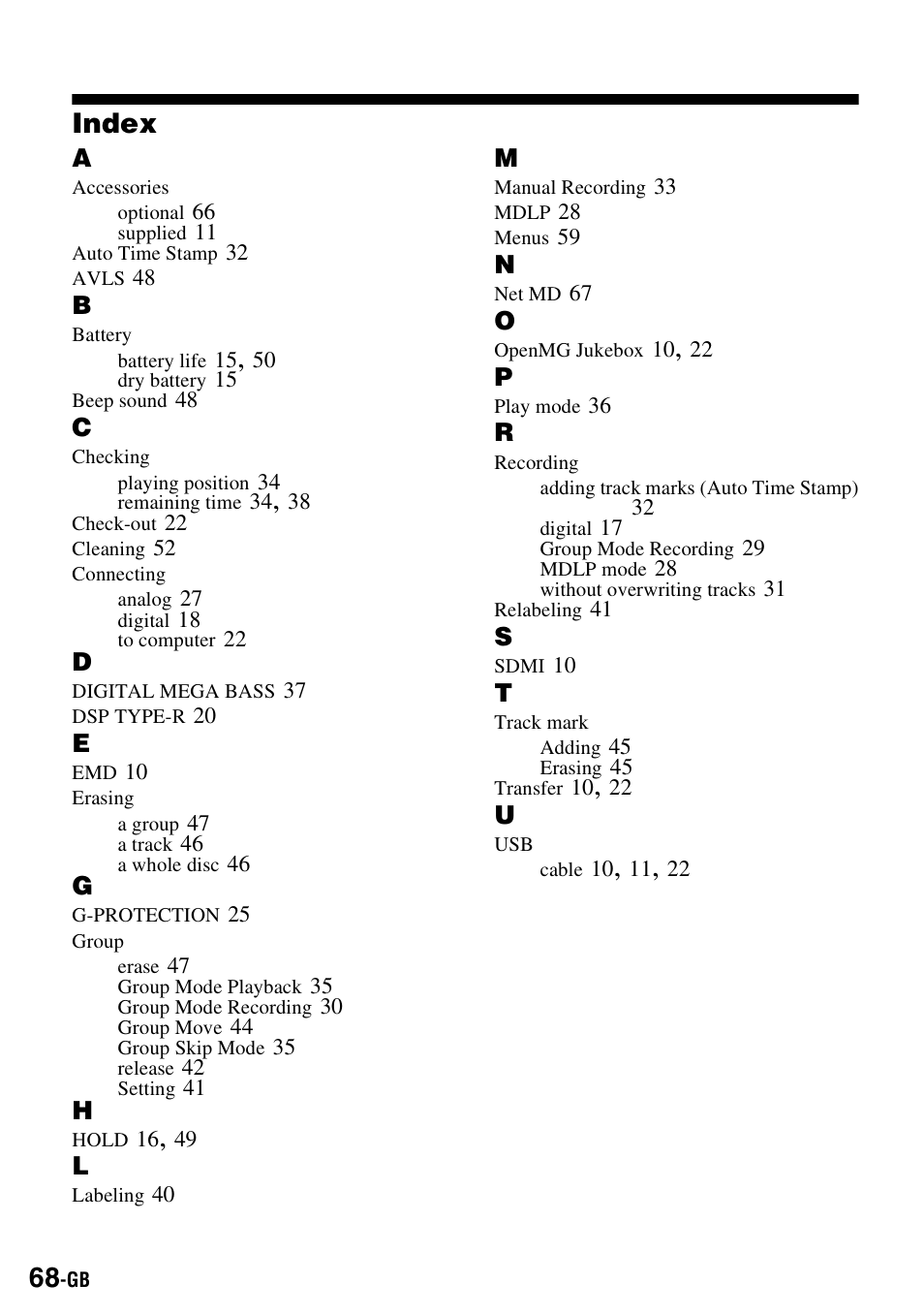 Index | Sony MZ-S1 User Manual | Page 68 / 208