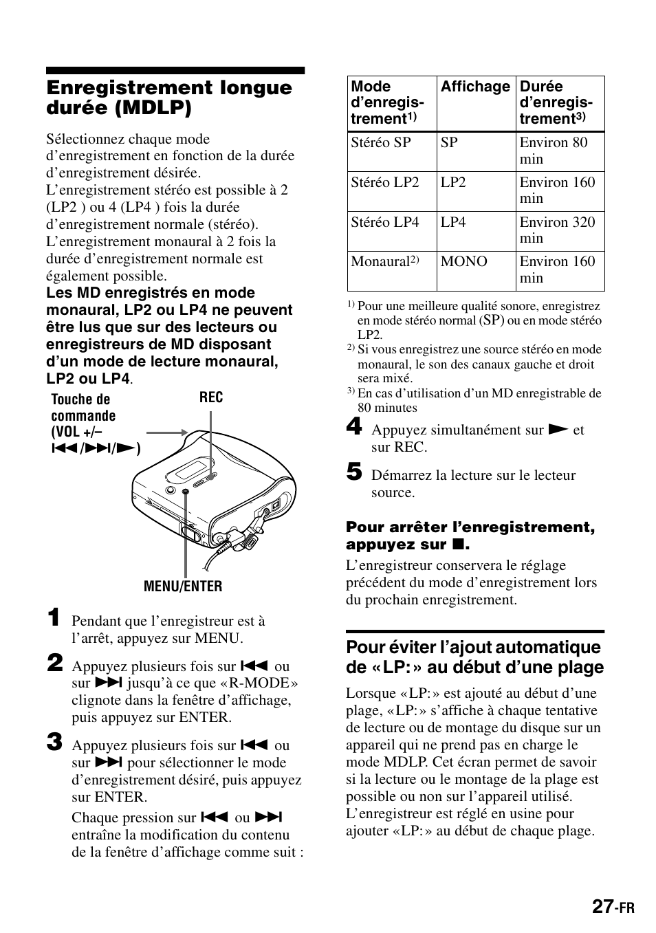 Enregistrement longue durée (mdlp), Plage | Sony MZ-S1 User Manual | Page 95 / 208