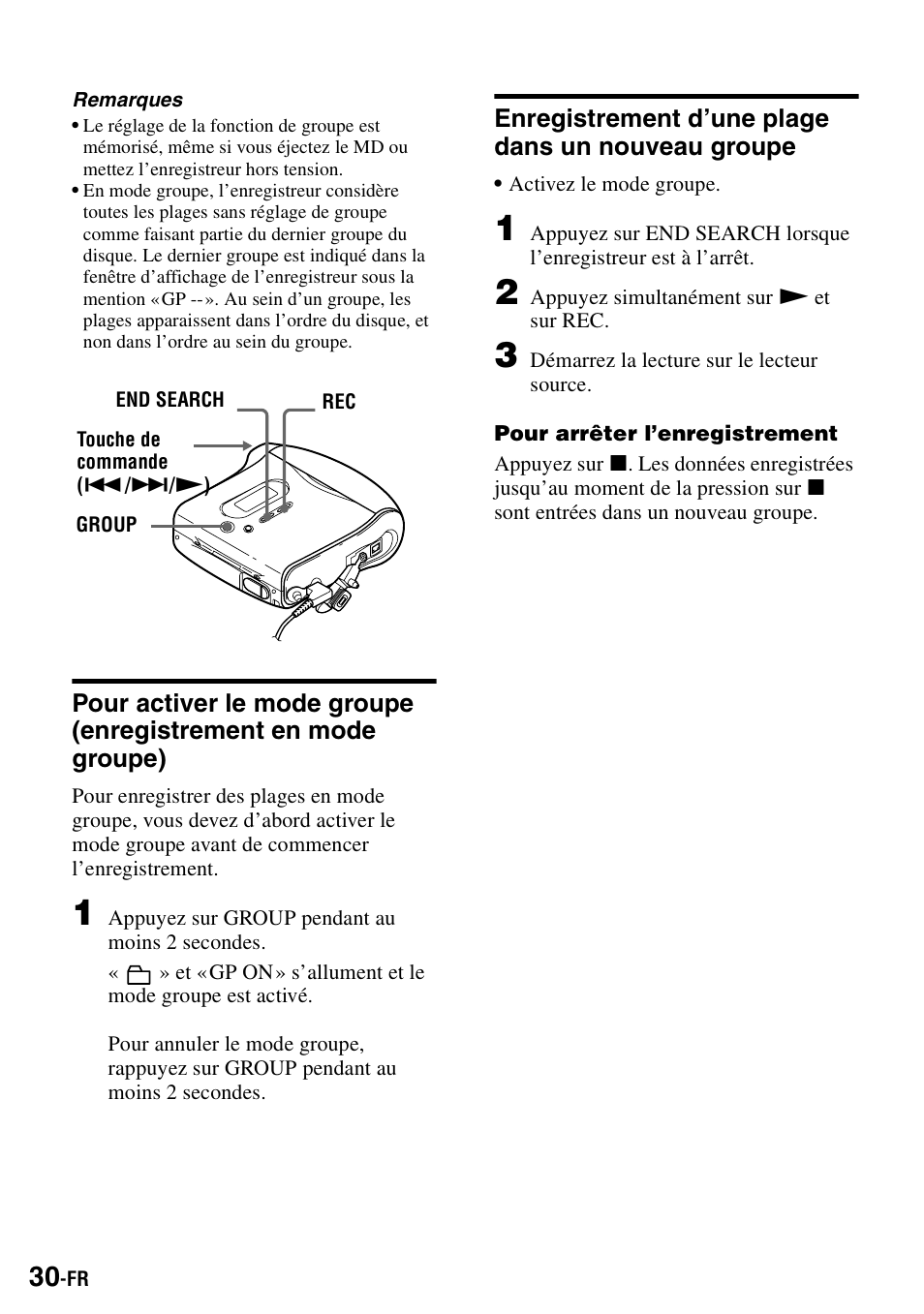 Enregistrement d’une plage dans un nouveau groupe | Sony MZ-S1 User Manual | Page 98 / 208