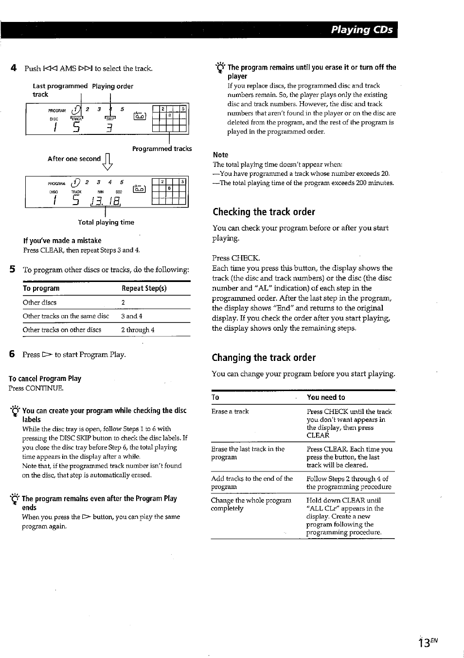 If you've made a mistake, Note, Checking the track order | To cancel program play, Changing the track order, Playing cds 4 | Sony CDP-CE315 User Manual | Page 13 / 92