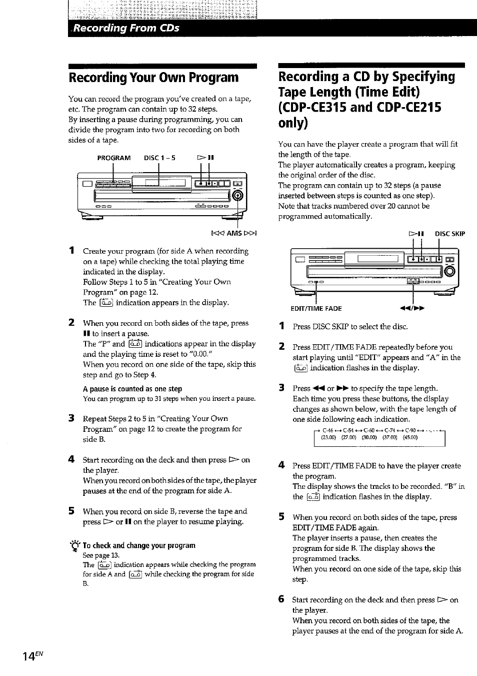 Recording your own program, Recording from cds | Sony CDP-CE315 User Manual | Page 14 / 92