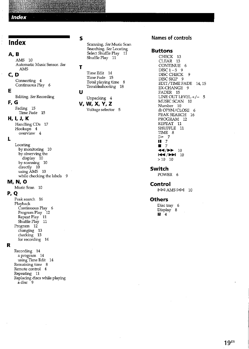 Index, A, b, F, g | H, i, j, k, Names of controls, Buttons, Switch, Control, Others, V, w, x, y, z | Sony CDP-CE315 User Manual | Page 19 / 92