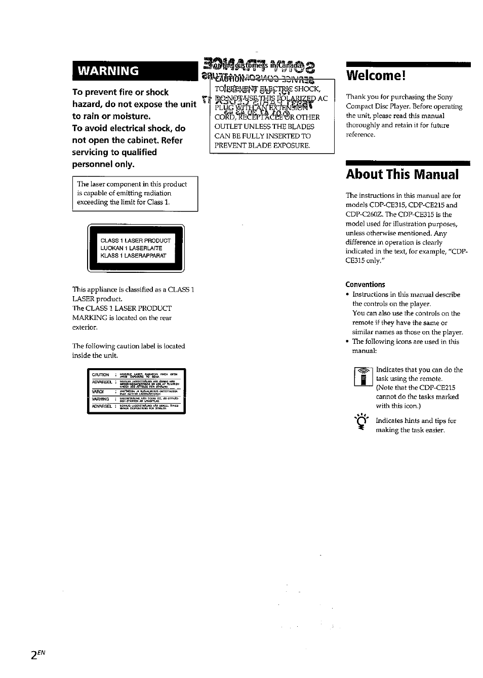 Welcome, About this manual, Warning | Sony CDP-CE315 User Manual | Page 2 / 92