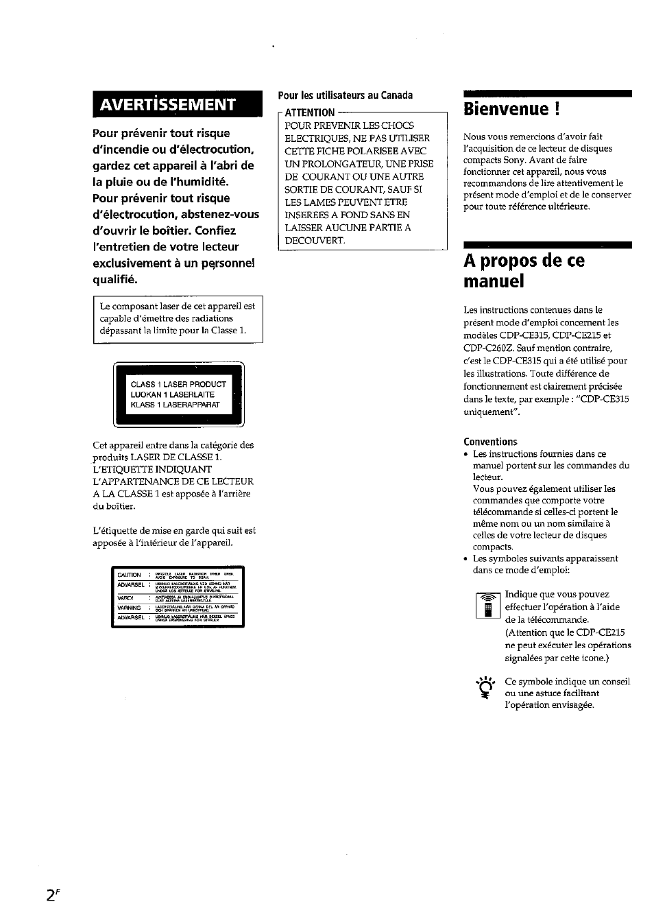 Pour les utilisateurs au canada г attention, A propos de ce manuel, Conventions | Bienvenue i, Avertissement | Sony CDP-CE315 User Manual | Page 20 / 92