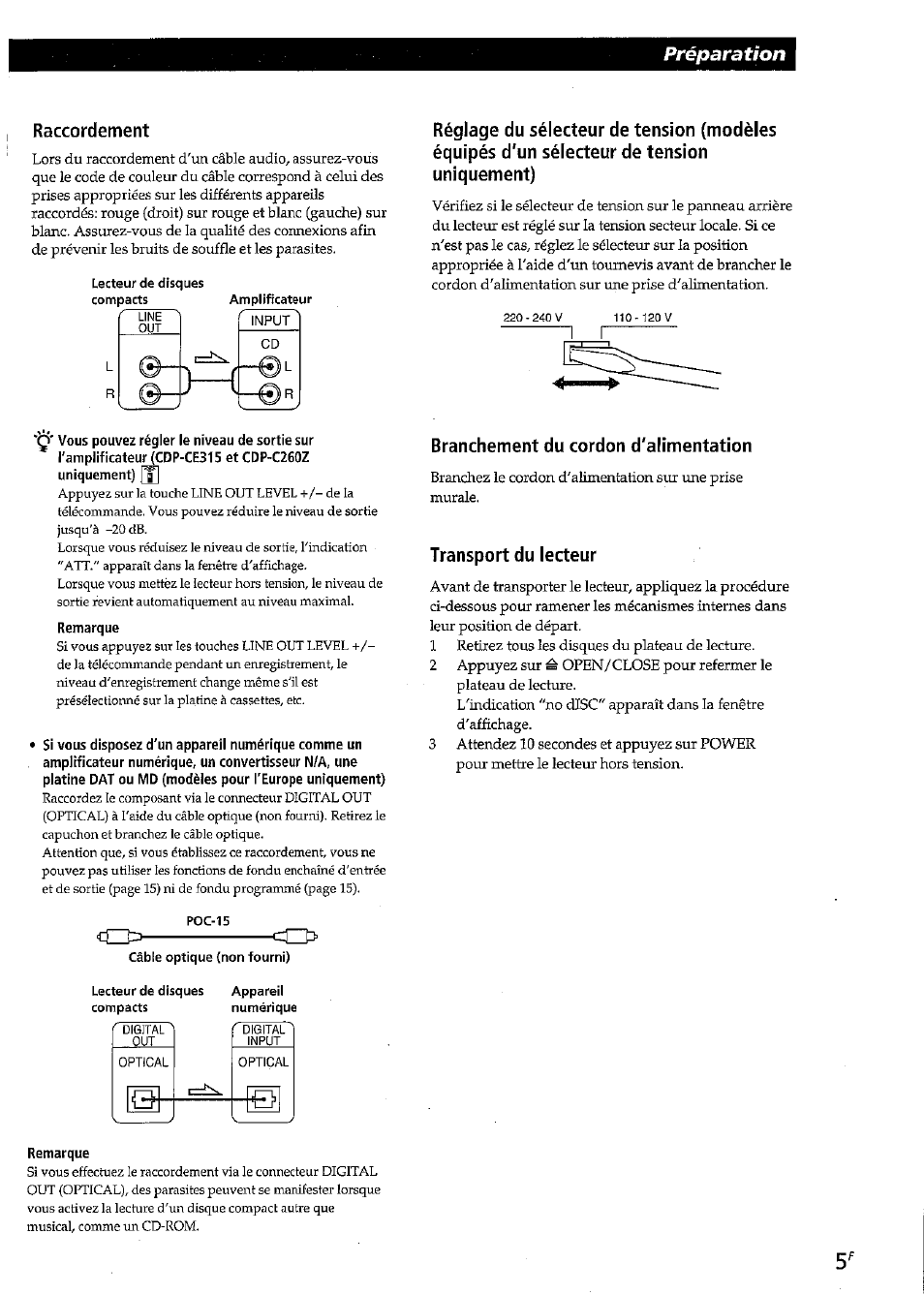 Raccordement, Remarque, Branchement du cordon d'alimentation | Transport du lecteur, Préparation | Sony CDP-CE315 User Manual | Page 23 / 92