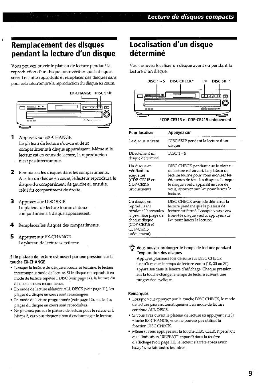 Touche ex-change, Localisation d'un disque déterminé, Cdp-ce315 etcdp-ce215 uniquement | Remarques, Cdp-ce315 et cdp-ce215 uniquement), Lecture de disques compacts, Ülhltilli | Sony CDP-CE315 User Manual | Page 27 / 92