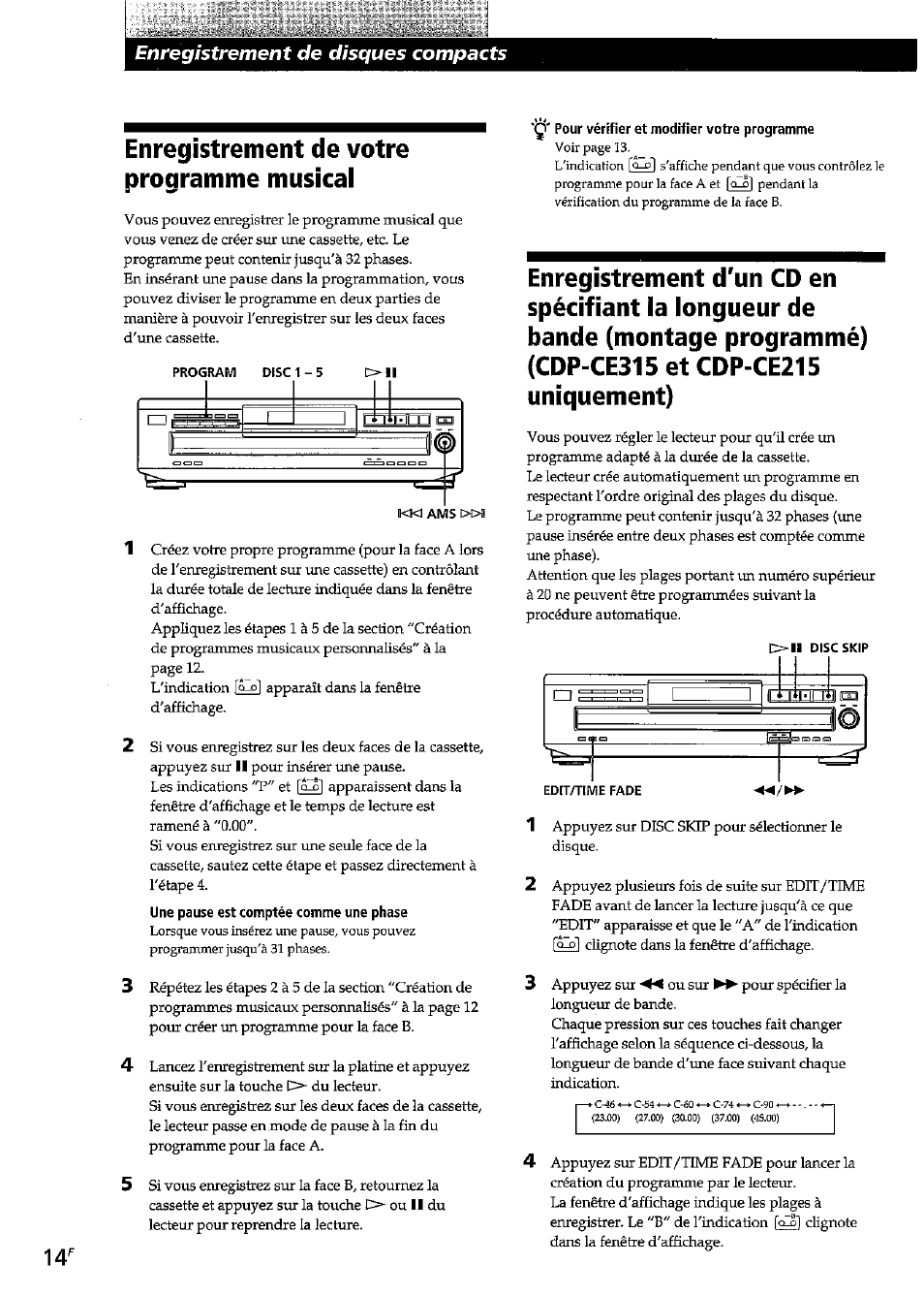 Pour vérifier et modifier votre programme, Enregistrement de votre programme musical, Enregistrement de disques compacts | Sony CDP-CE315 User Manual | Page 32 / 92