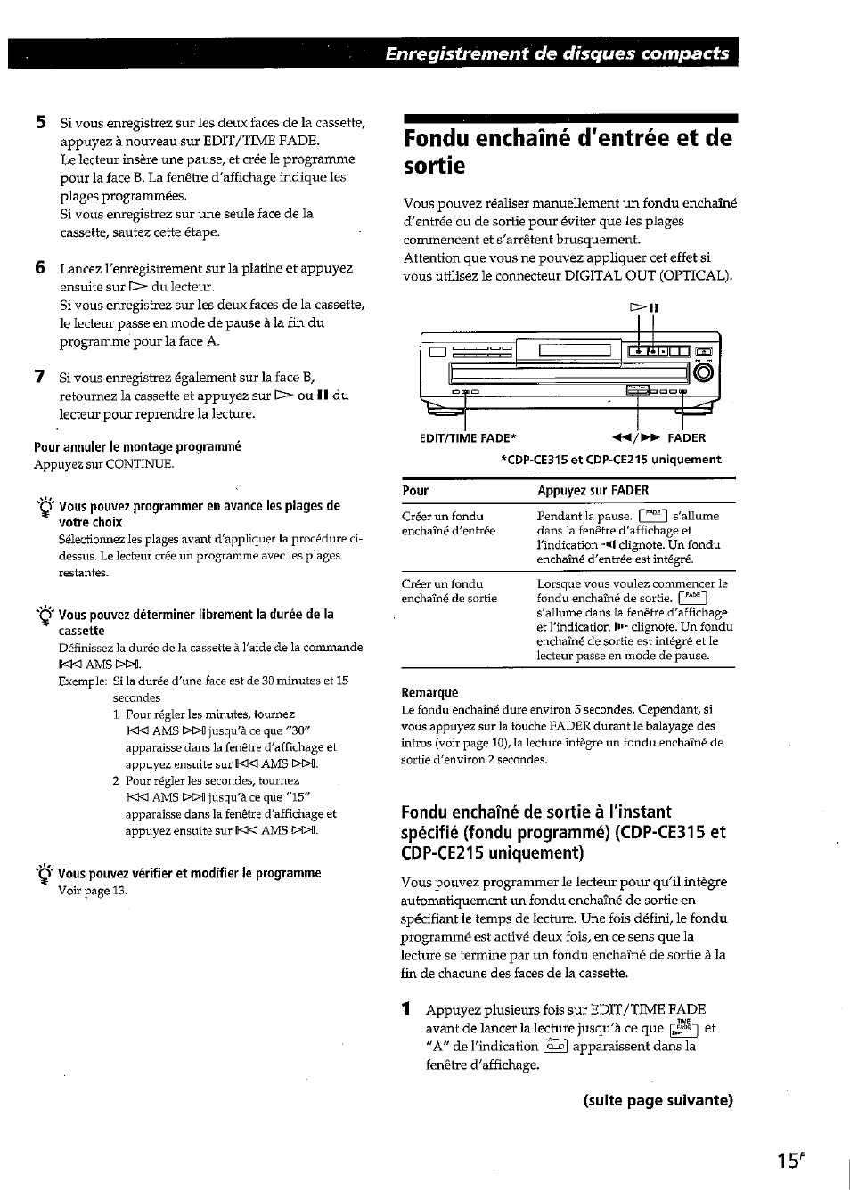 Pour annuler le montage programmé, Ç* vous pouvez vérifier et modifier le programme, Fondu enchaîné d'entrée et de sortie | Enregistrement de disques compacts | Sony CDP-CE315 User Manual | Page 33 / 92