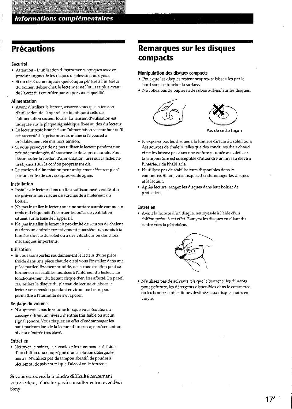 Précautions, Sécurité, Alimentation | Installation, Utilisation, Réglage du volume, Entretien, Remarques sur les disques compacts, Manipulation des disques compacts, Précautions remarques sur les disques compacts | Sony CDP-CE315 User Manual | Page 35 / 92